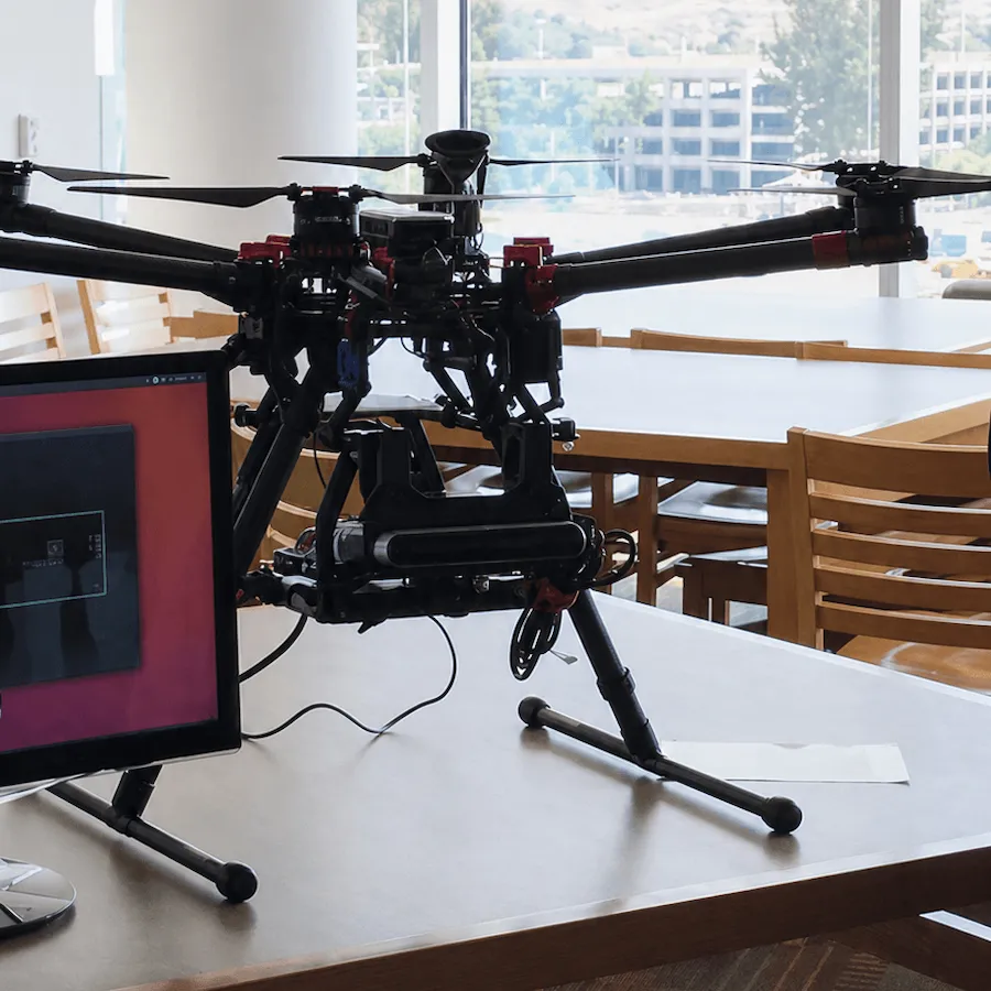 A DJI 900 Hexacopter mounted with a ZED stereoscopic camera.